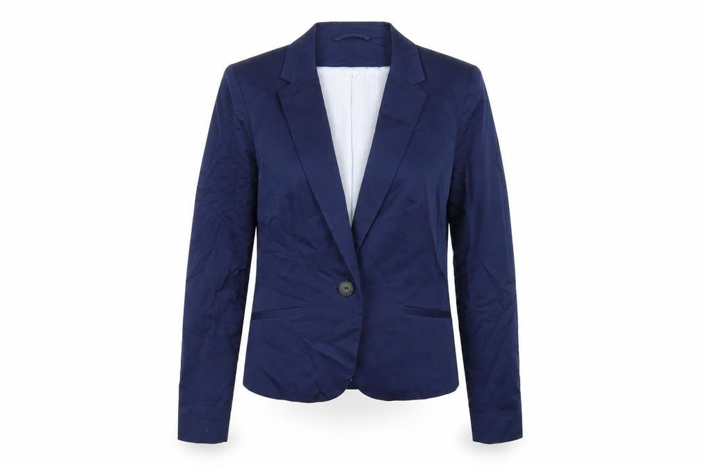 Front view of H&M women’s blue cotton jacket blazer, size UK 10