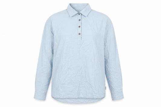Front view of BHS women’s blue cotton basic button-up, size L, collared