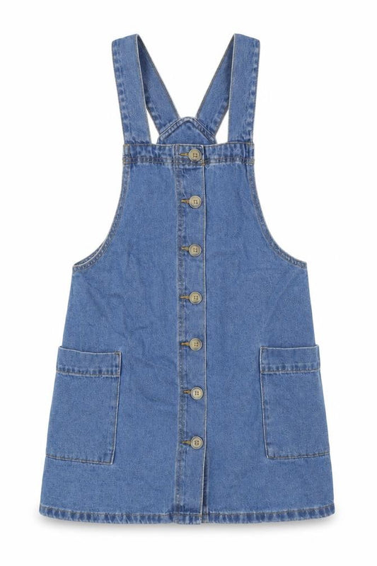 Front view of Pep&Co women’s blue 100% cotton pinafore/dungaree dress, size UK 8, square neck button - pockets