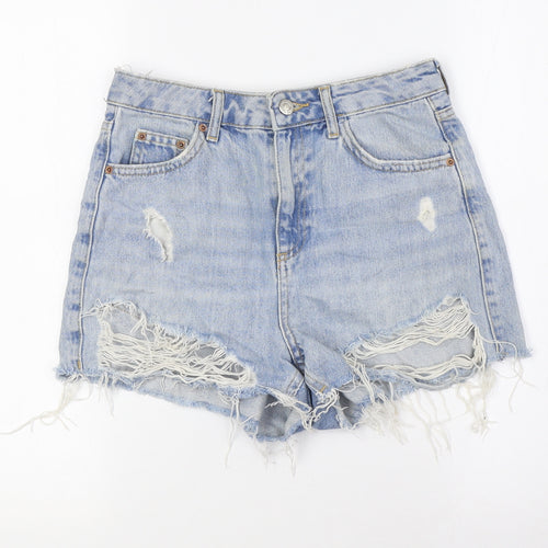 Topshop Womens Blue Cotton Hot Pants Shorts Size 10 Regular Button - Destressed