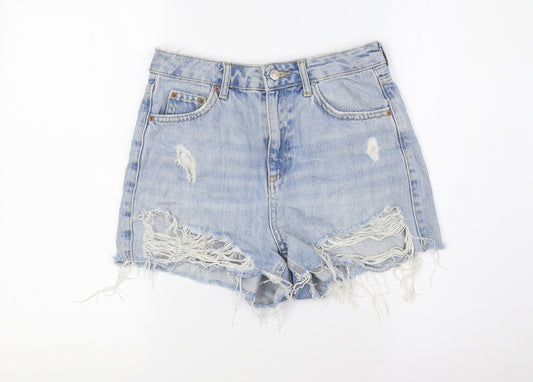 Topshop Womens Blue Cotton Hot Pants Shorts Size 10 Regular Button - Destressed