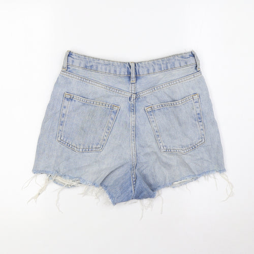 Topshop Womens Blue Cotton Hot Pants Shorts Size 10 Regular Button - Destressed