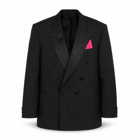 Front view of Varteks men’s black polyester tuxedo suit jacket, size 44, regular