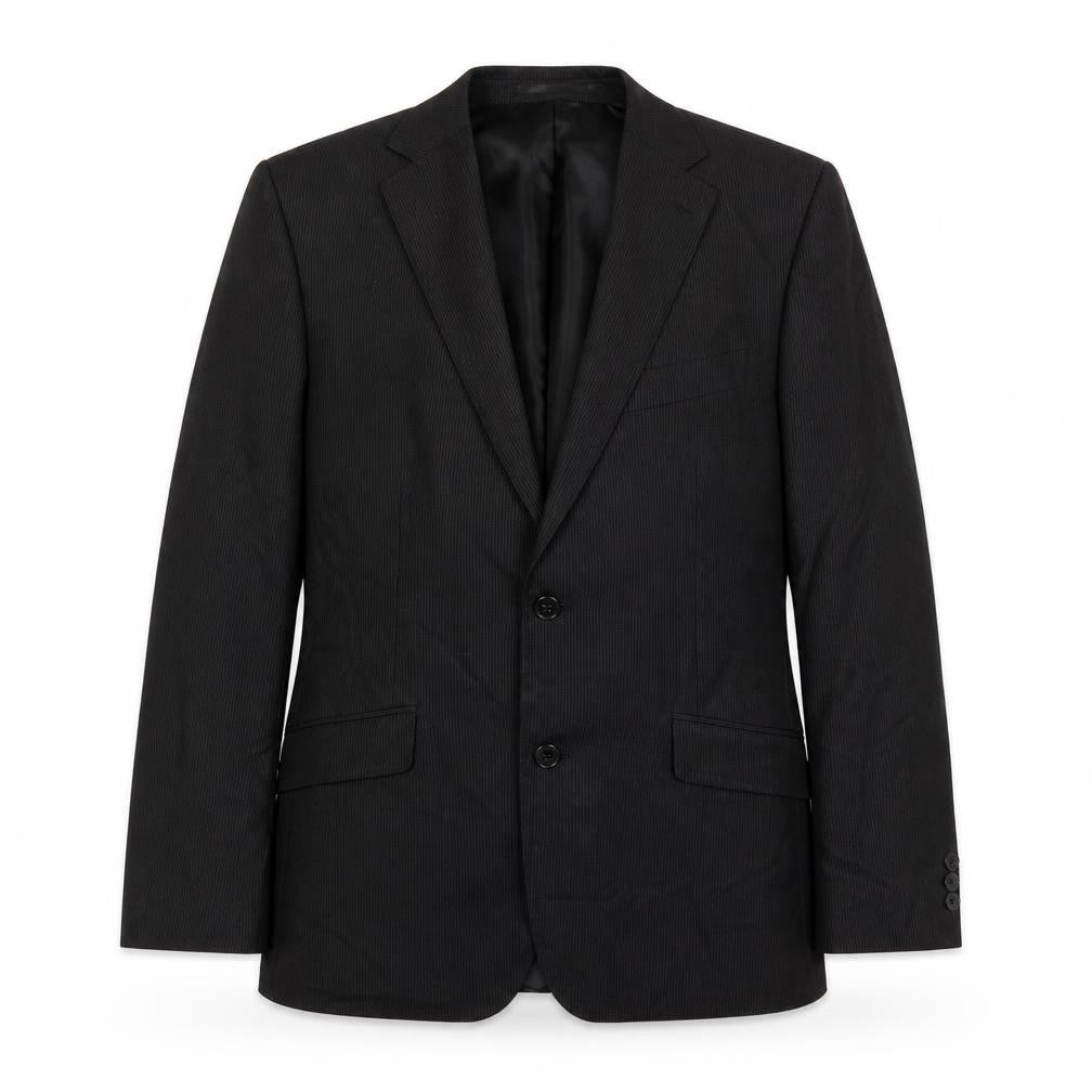 Front view of Karl Jackson men’s black striped polyester jacket suit jacket, size 38, regular