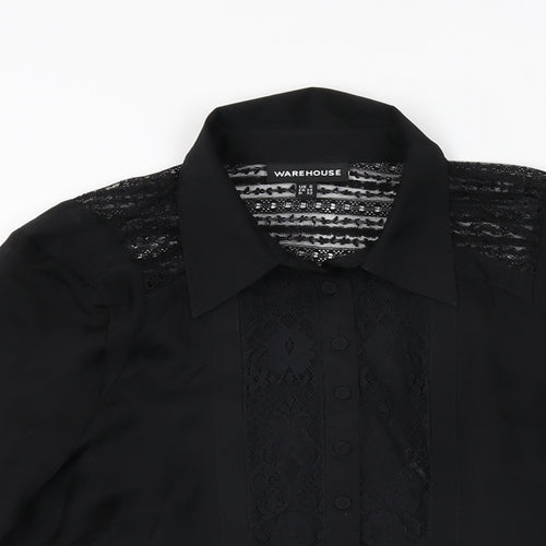 Warehouse Womens Black Silk Basic Button-Up Size 6 Collared