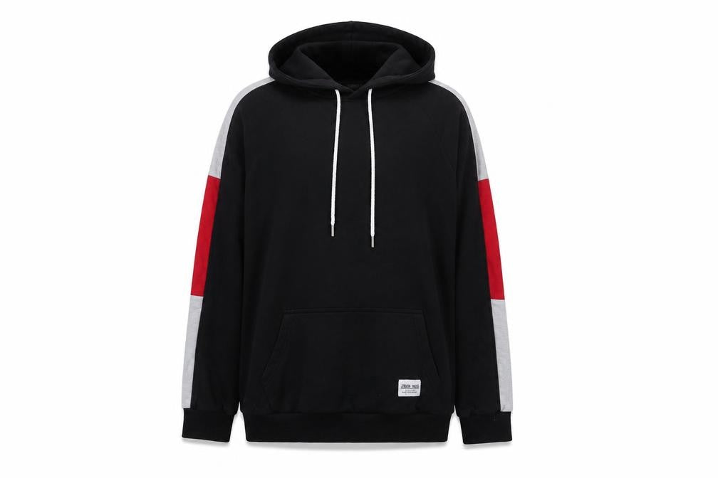 Front view of ASSDY men’s black cotton pullover hoodie, size L