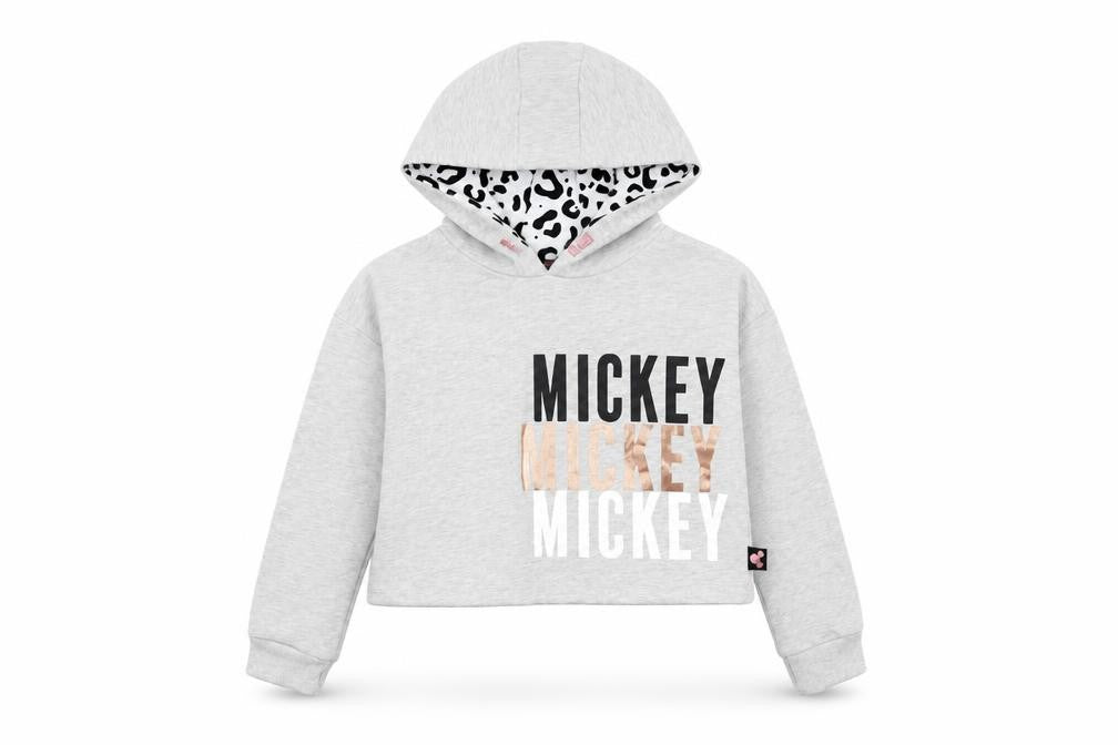 Front view of Disney girls’ grey cotton pullover hoodie, size 9-10, years pullover - mickey mouse