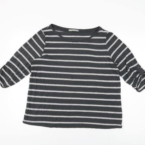 Marks and Spencer Womens Grey Striped Polyester Basic T-Shirt Size 16 Round Neck