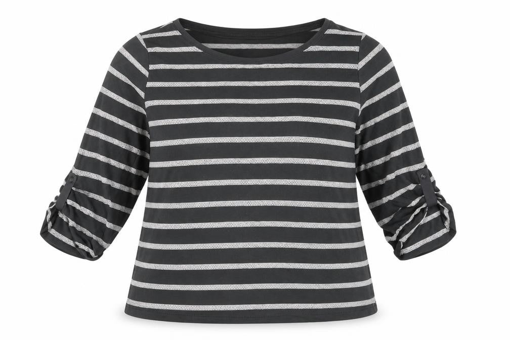 Front view of Marks & Spencer women’s grey striped polyester basic t-shirt, size UK 16, round neck
