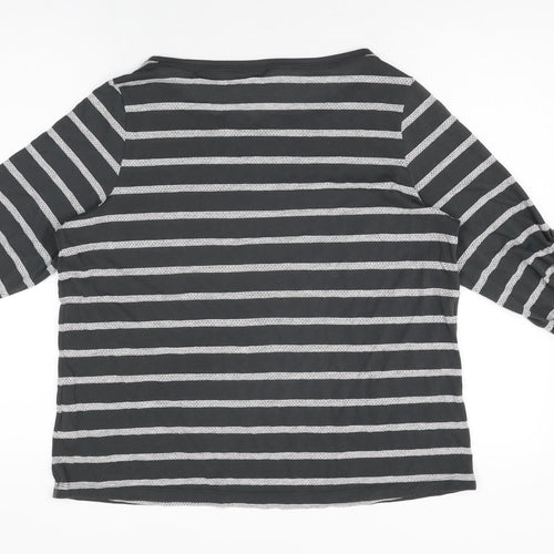 Marks and Spencer Womens Grey Striped Polyester Basic T-Shirt Size 16 Round Neck
