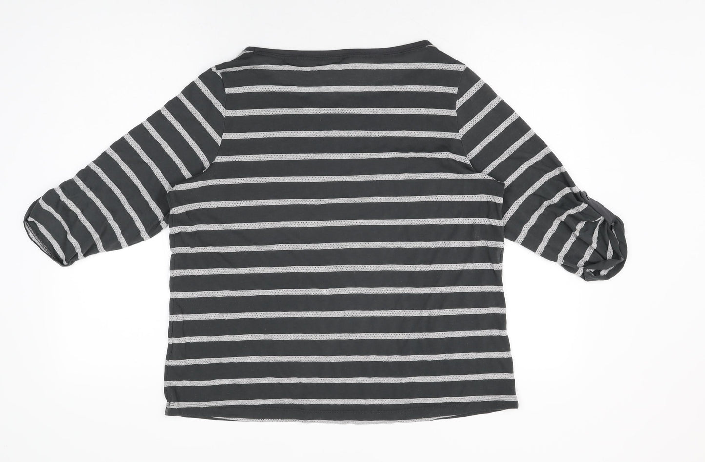 Marks and Spencer Womens Grey Striped Polyester Basic T-Shirt Size 16 Round Neck
