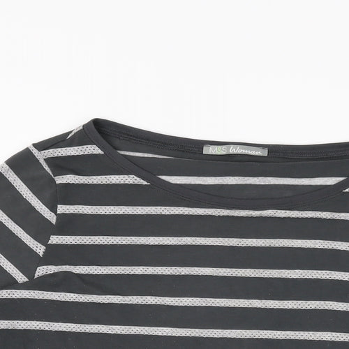 Marks and Spencer Womens Grey Striped Polyester Basic T-Shirt Size 16 Round Neck