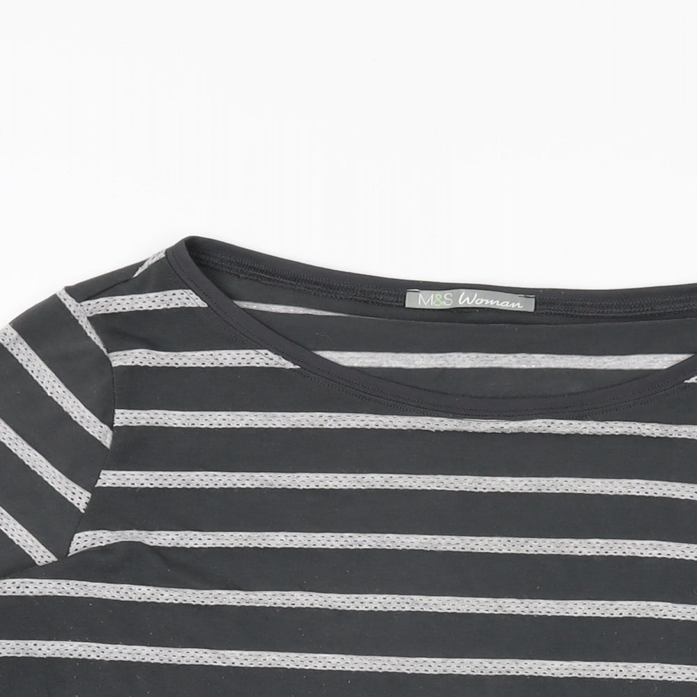 Marks and Spencer Womens Grey Striped Polyester Basic T-Shirt Size 16 Round Neck