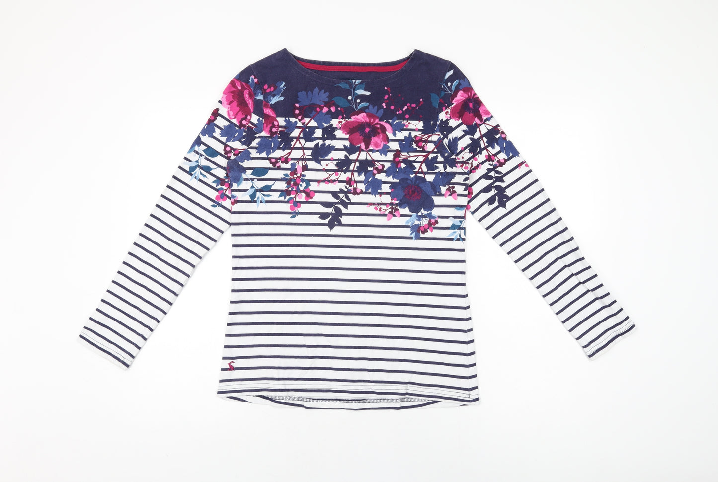 Joules Womens White Striped Cotton Basic T-Shirt Size 10 Boat Neck