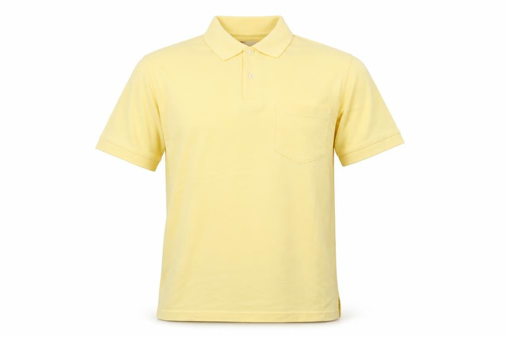 Front view of Natural Issue men’s yellow cotton polo, size M, collared button