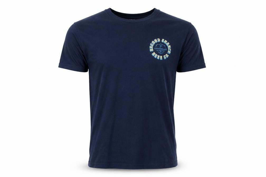 Front view of Second Chance men’s blue cotton t-shirt, size L, round neck