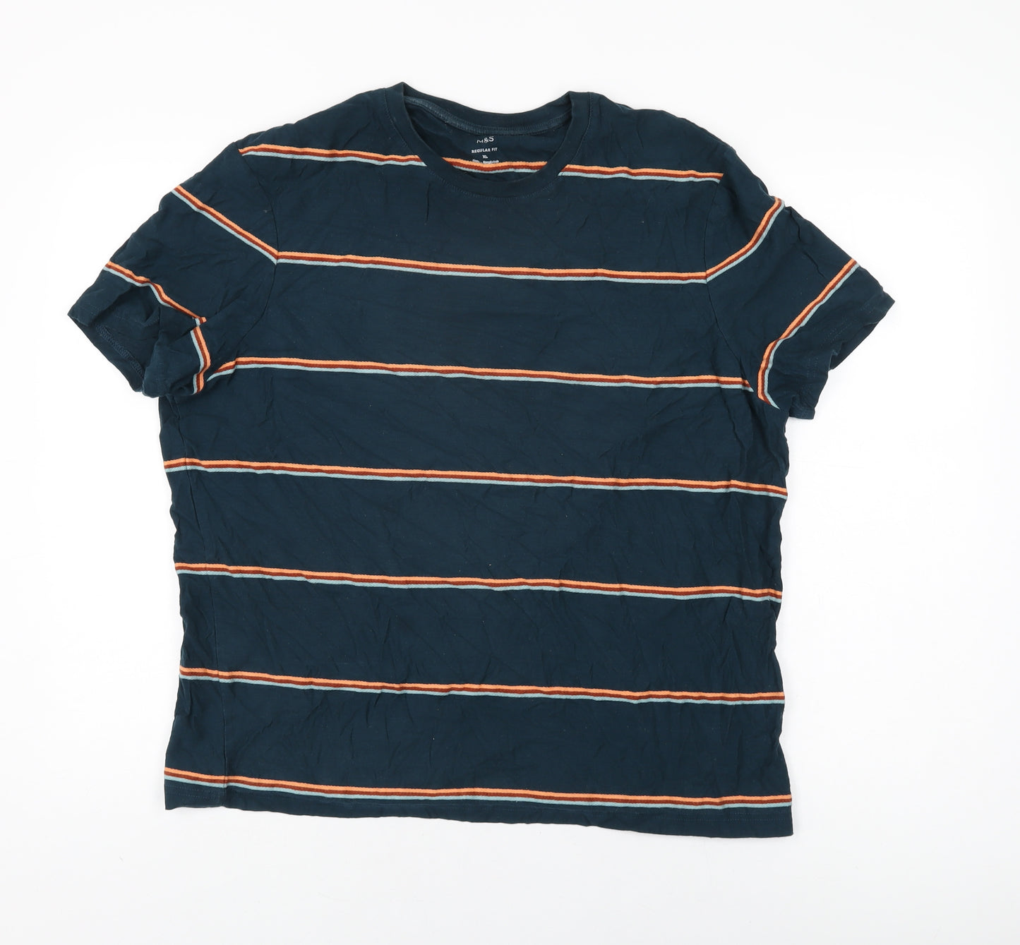 Marks and Spencer Womens Green Striped Cotton Basic T-Shirt Size XL Round Neck