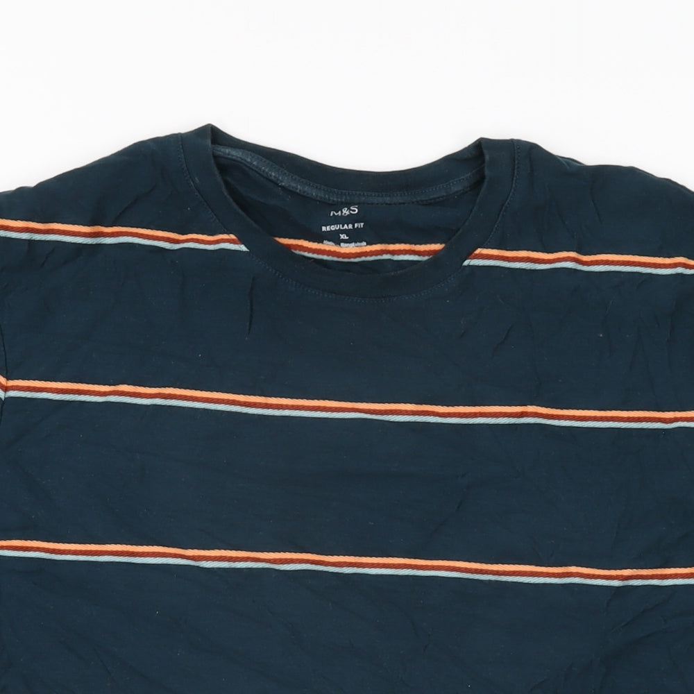 Marks and Spencer Womens Green Striped Cotton Basic T-Shirt Size XL Round Neck