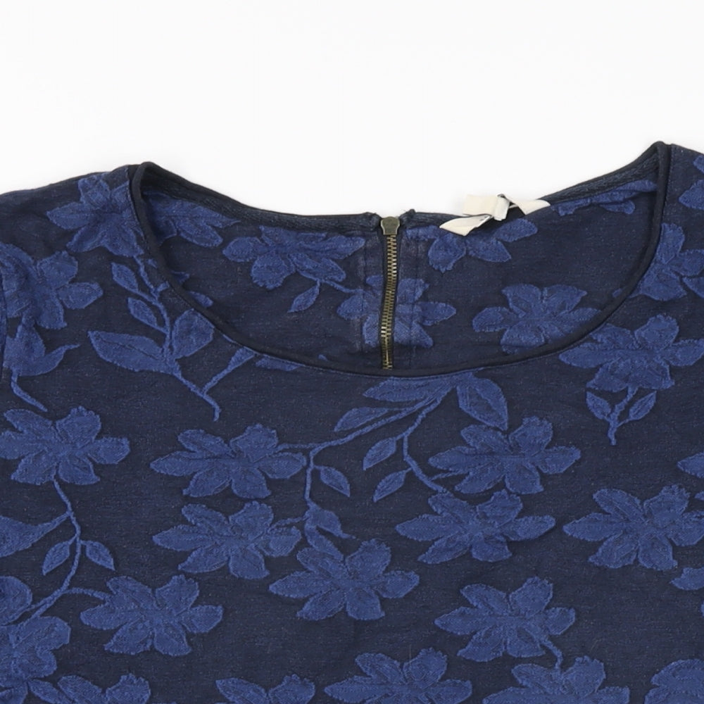 Fat Face Womens Blue Floral Cotton Basic T-Shirt Size 14 Round Neck