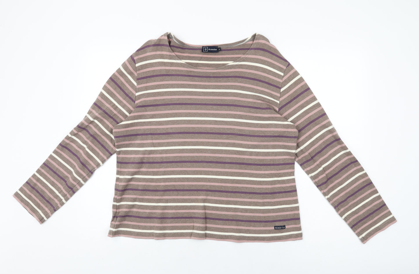 Armor Lux Womens Brown Striped Cotton Basic T-Shirt Size XL Round Neck