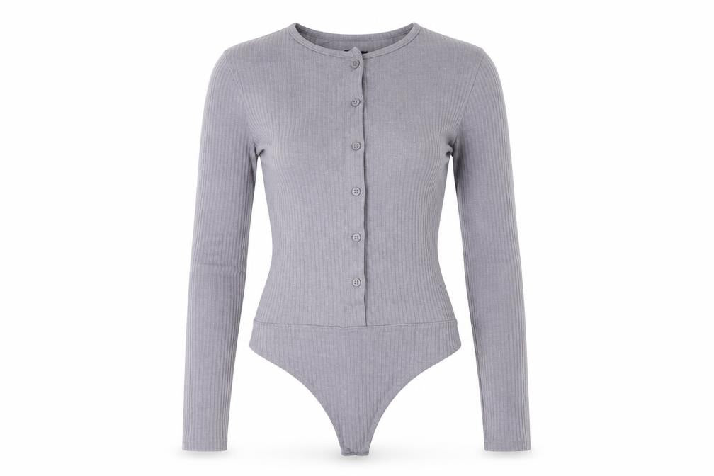 Front view of Missguided women’s grey cotton bodysuit one-piece, size UK 8, snap