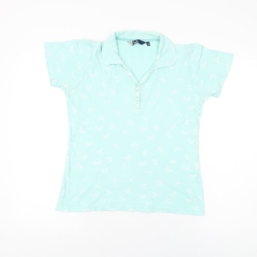 Isle Womens Blue Geometric Cotton Basic T-Shirt Size 10 Collared - Butterfly Print