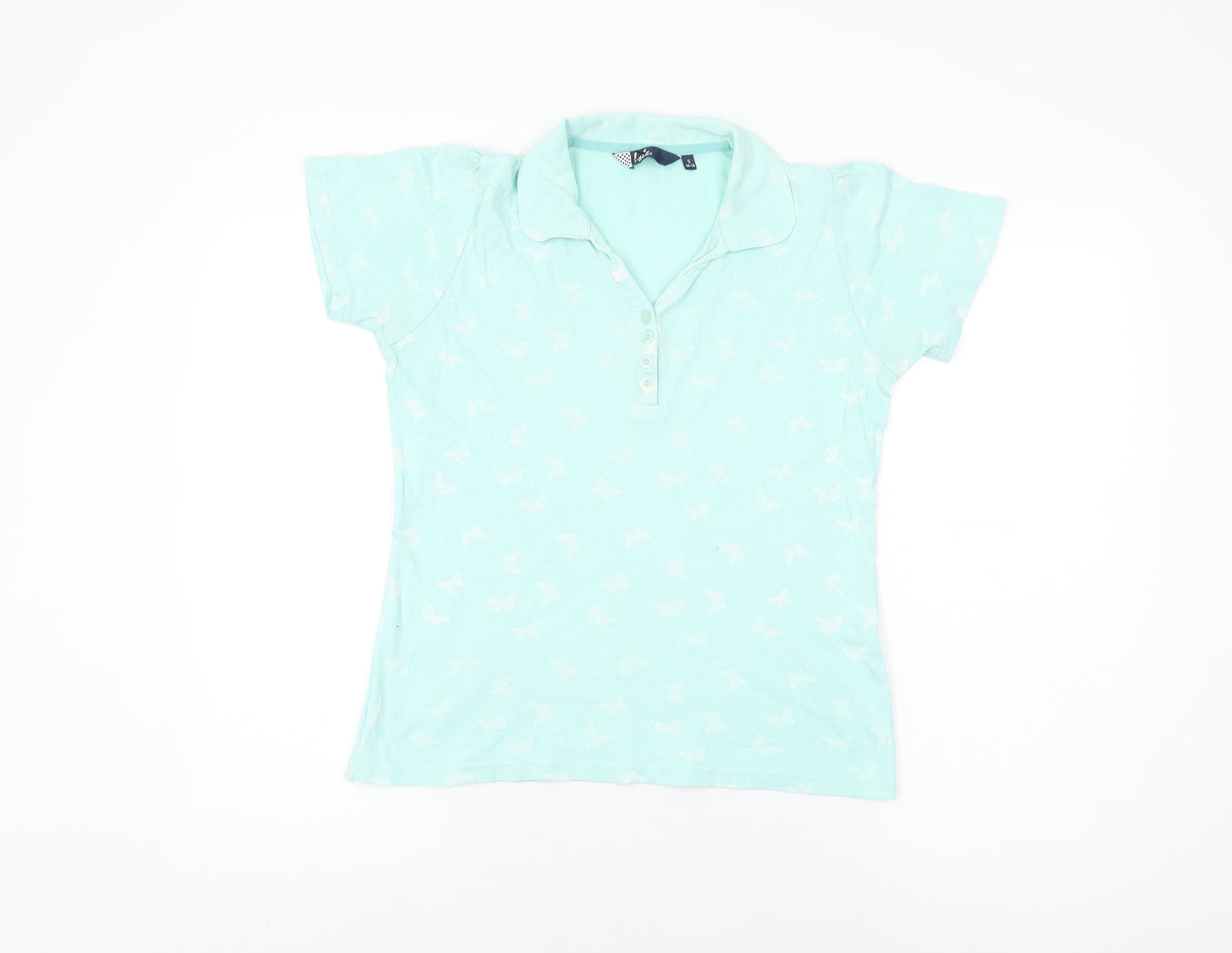 Isle Womens Blue Geometric Cotton Basic T-Shirt Size 10 Collared - Butterfly Print