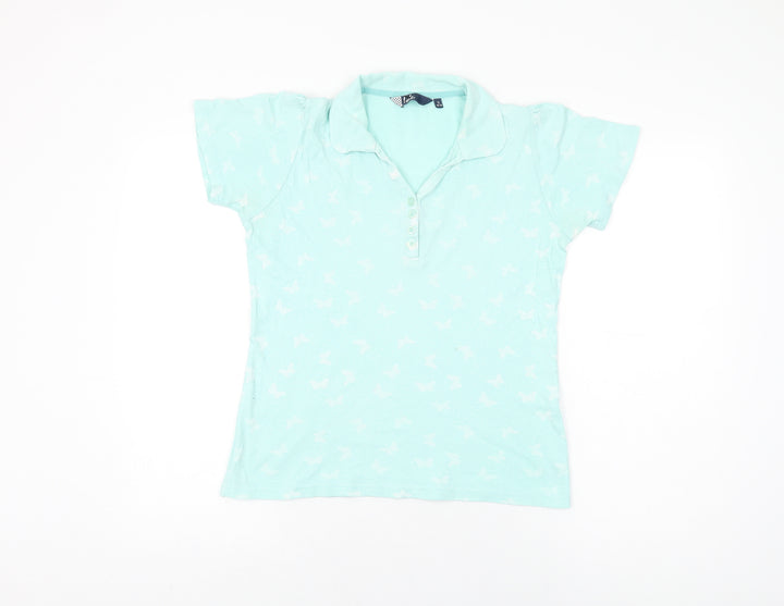 Isle Womens Blue Geometric Cotton Basic T-Shirt Size 10 Collared - Butterfly Print