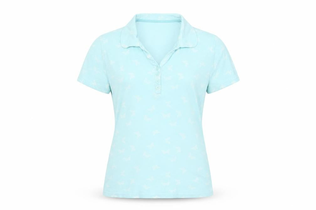 Front view of Isle women’s blue geometric cotton basic t-shirt, size UK 10, collared - butterfly print
