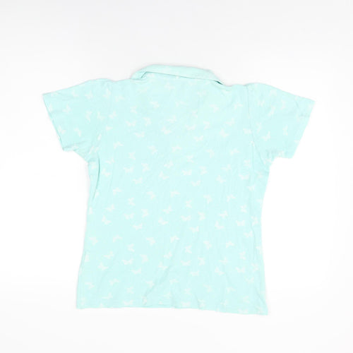 Isle Womens Blue Geometric Cotton Basic T-Shirt Size 10 Collared - Butterfly Print