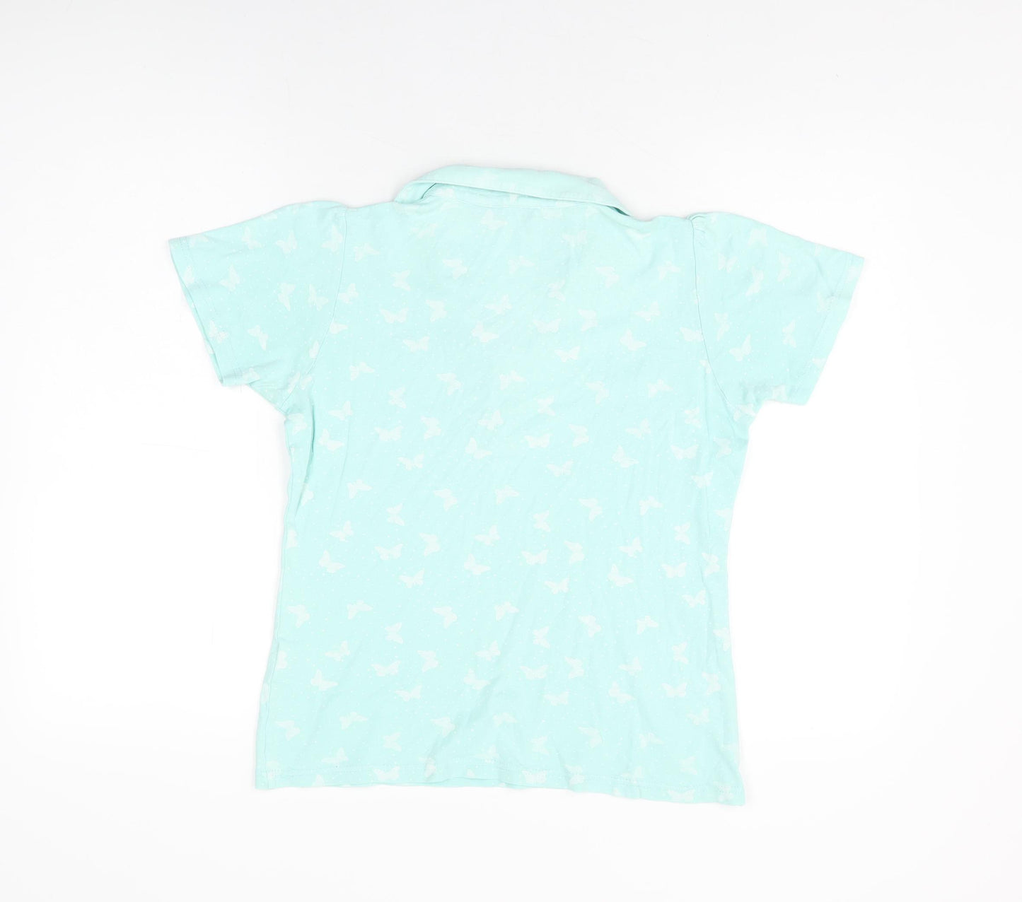 Isle Womens Blue Geometric Cotton Basic T-Shirt Size 10 Collared - Butterfly Print