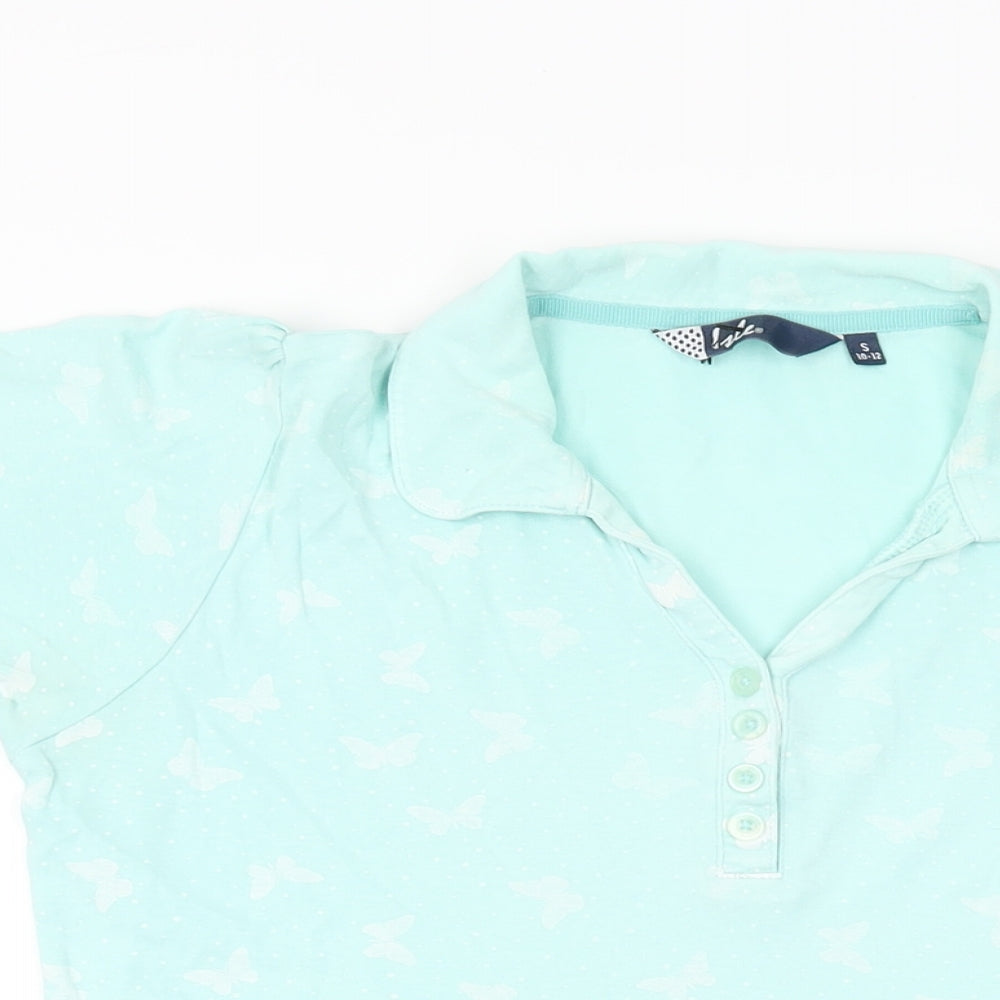 Isle Womens Blue Geometric Cotton Basic T-Shirt Size 10 Collared - Butterfly Print