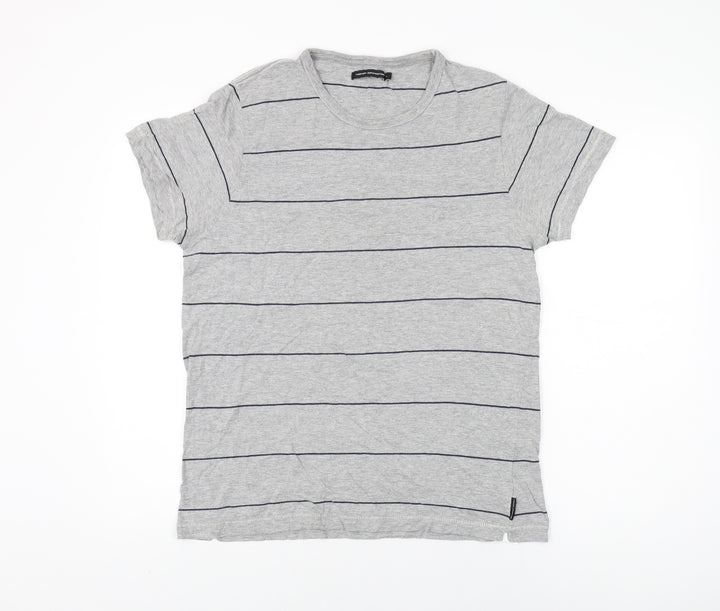 French Connection Mens Grey Striped Cotton T-Shirt Size L Round Neck