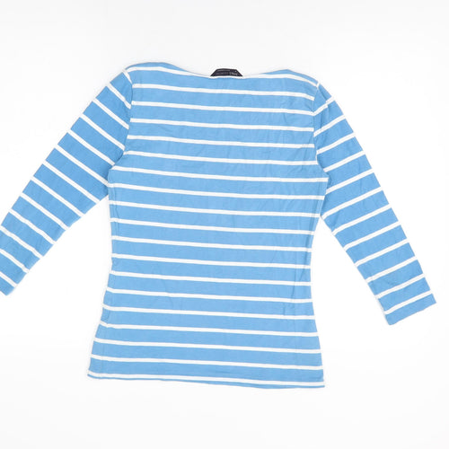 Marks and Spencer Womens Blue Striped Cotton Basic T-Shirt Size 8 Boat Neck