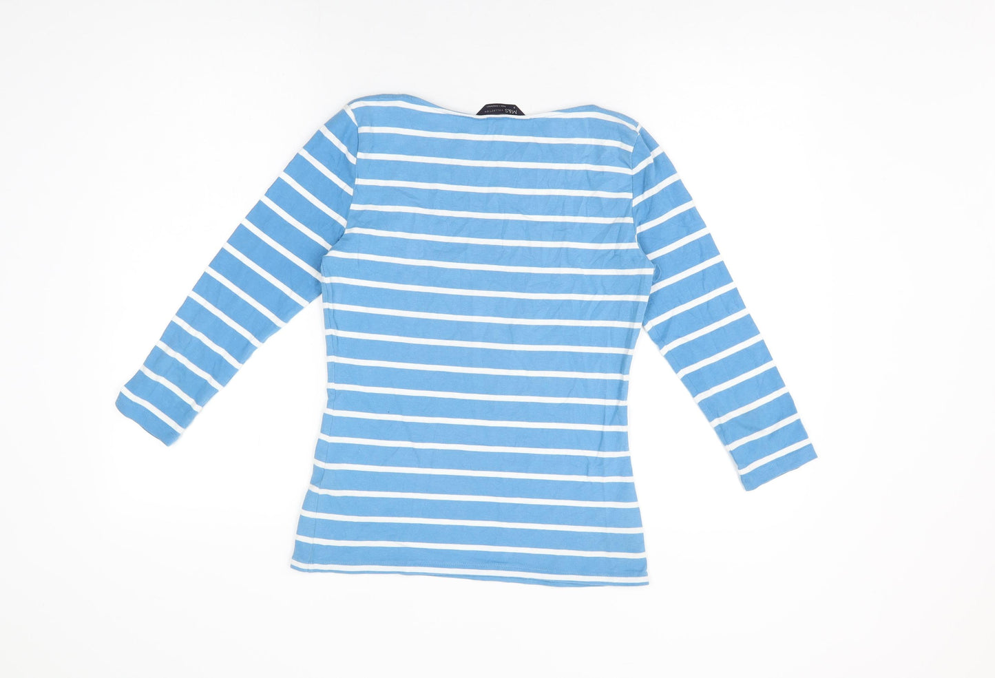 Marks and Spencer Womens Blue Striped Cotton Basic T-Shirt Size 8 Boat Neck