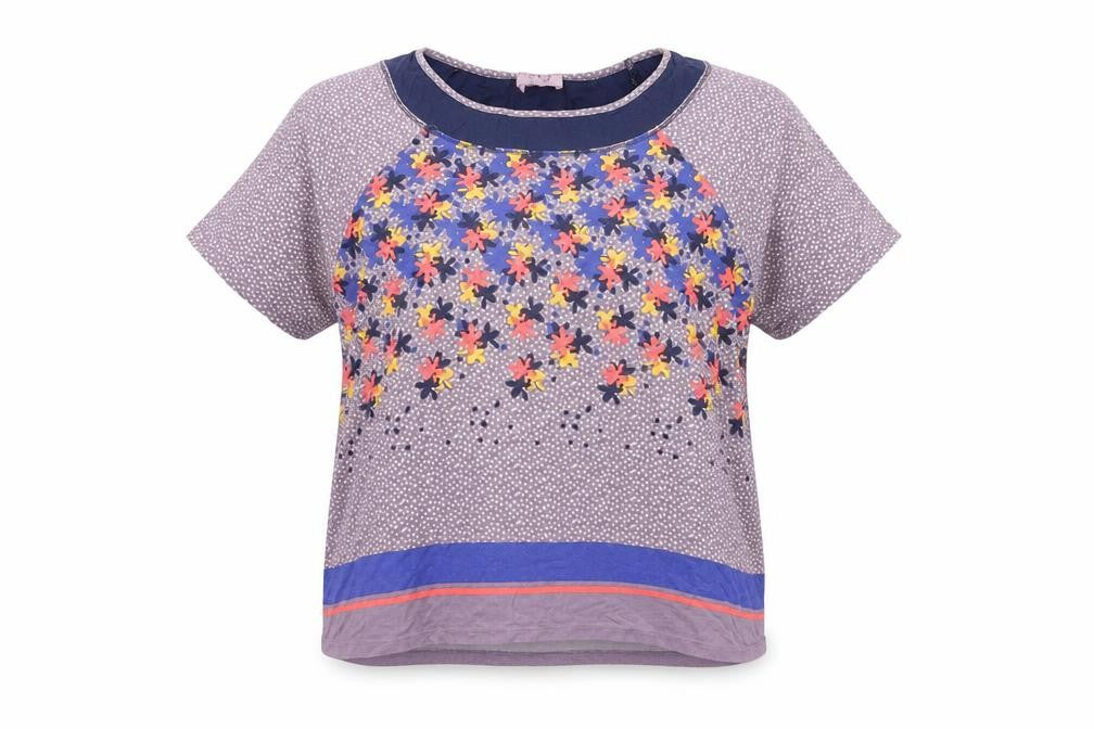 Front view of Per Una women’s purple floral viscose basic t-shirt, size UK 16, round neck