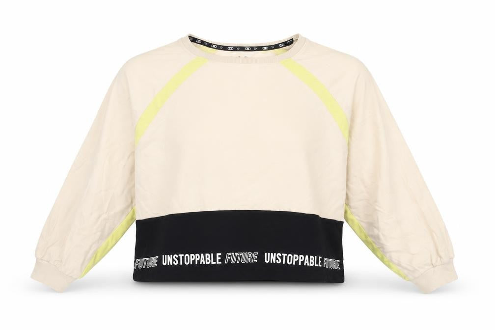 Front view of QJILE women’s beige cotton pullover sweatshirt, size S, pullover