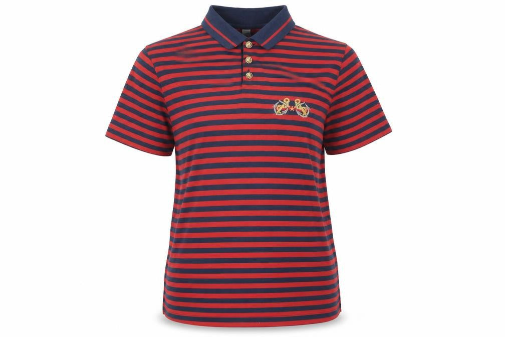 Front view of C&A women’s red striped polyester basic t-shirt, size UK 10, collared -, size UK 10-12