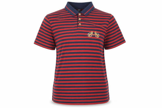 Front view of C&A women’s red striped polyester basic t-shirt, size UK 10, collared -, size UK 10-12
