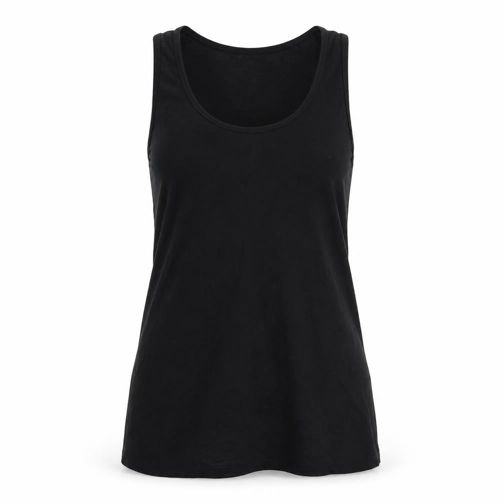 Front view of New Look women’s black viscose basic tank, size UK 6, scoop neck