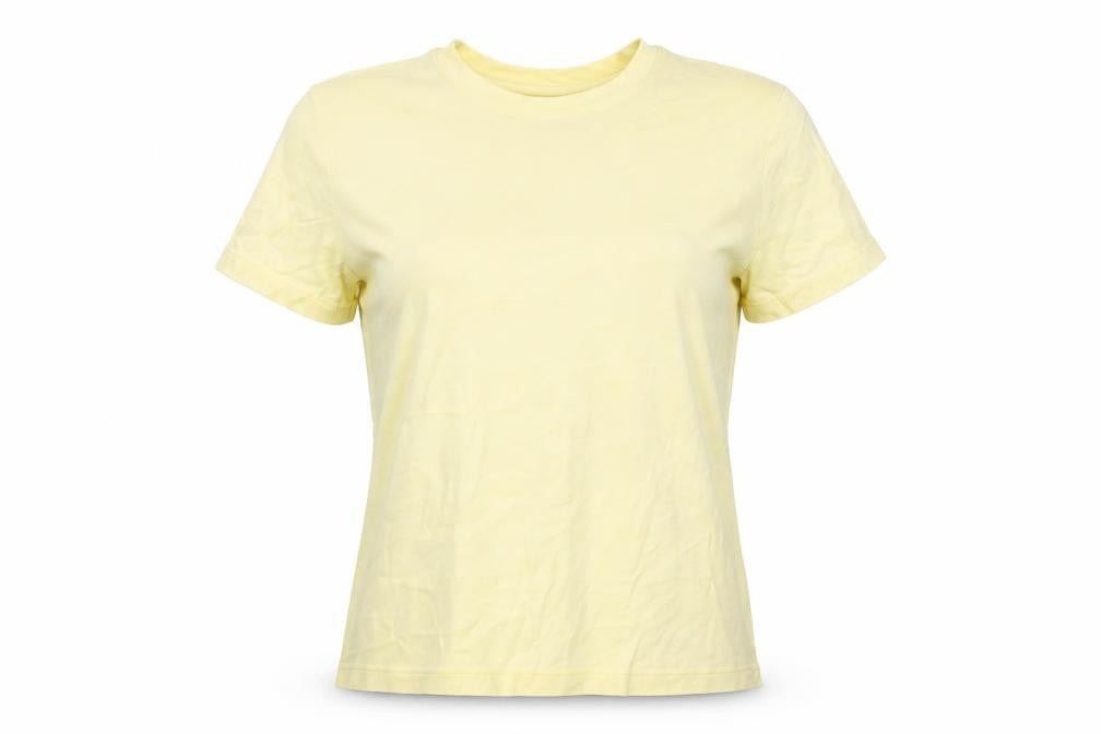 Front view of John Lewis women’s yellow cotton basic t-shirt, size UK 12, round neck
