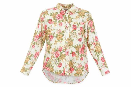 Front view of Spirit House women’s beige floral cotton basic button-up, size L, collared - vintage