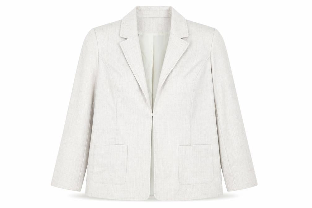 Front view of EWM women’s beige jacket blazer, size UK 20, hook & eye
