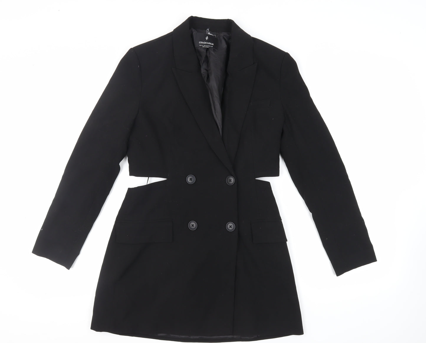 Stradivarius Womens Black Polyester Jacket Dress Size M Collared Button - Cut Out