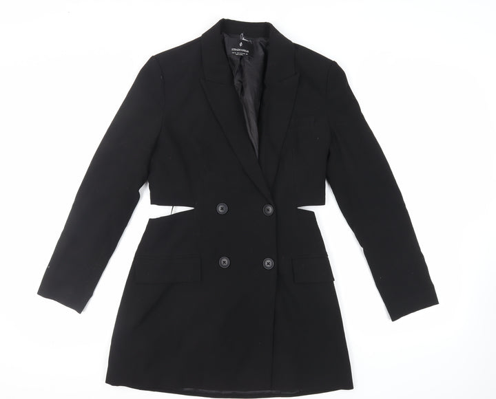 Stradivarius Womens Black Polyester Jacket Dress Size M Collared Button - Cut Out