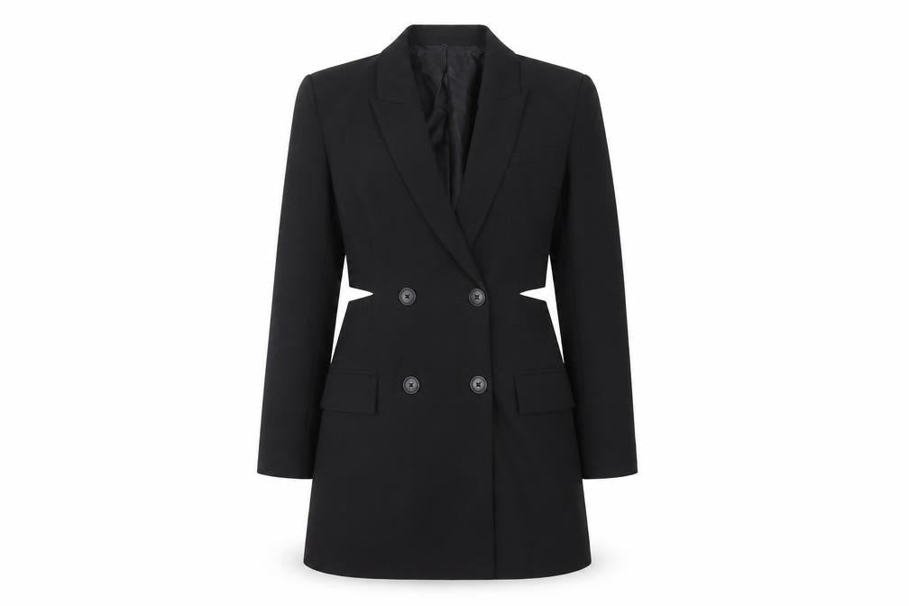 Front view of Stradivarius women’s black polyester jacket dress, size M, collared button - cut out