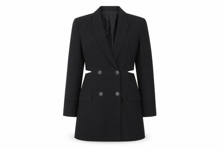 Front view of Stradivarius women’s black polyester jacket dress, size M, collared button - cut out