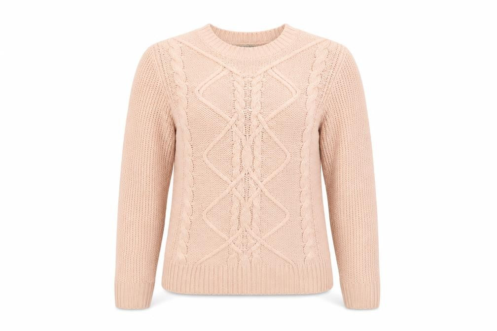 Front view of Oasis women’s pink round neck acrylic jumper, size M
