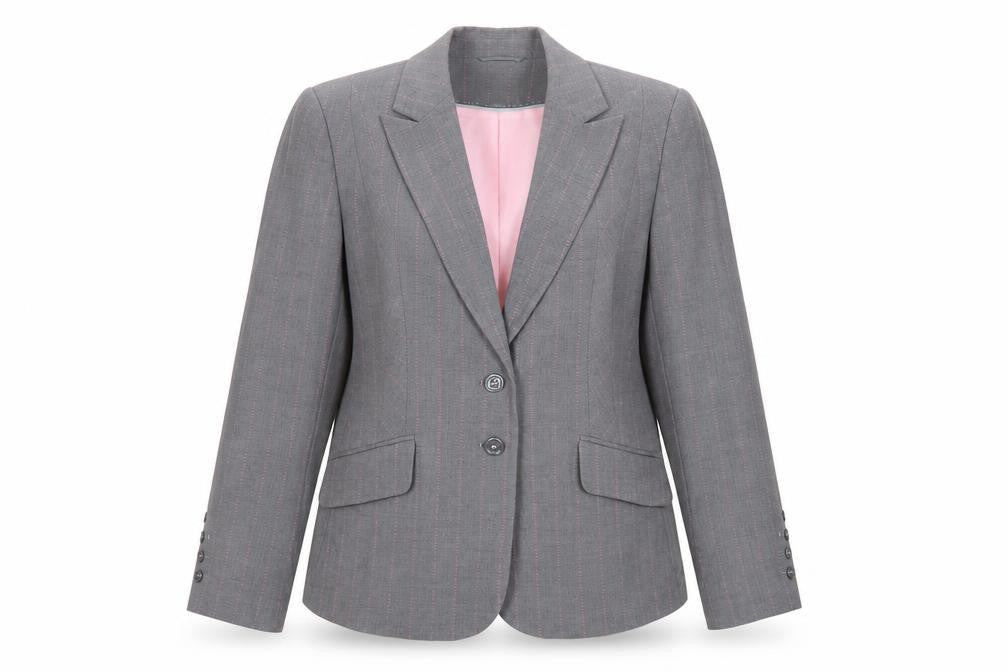 Front view of Marks & Spencer women’s grey striped jacket blazer, size UK 18, button
