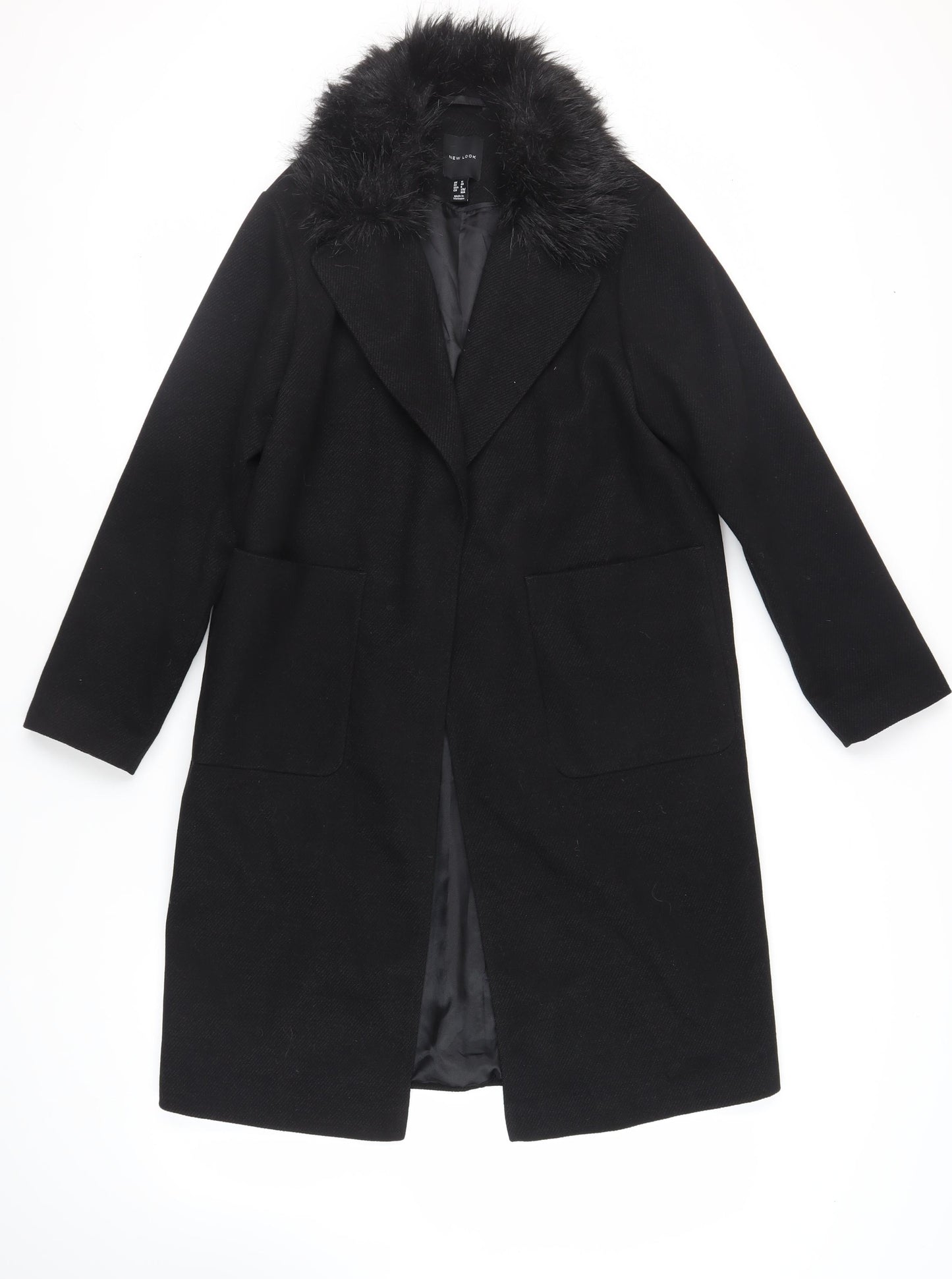 New Look Womens Black Overcoat Coat Size 12 Snap - Faux Fur Collar